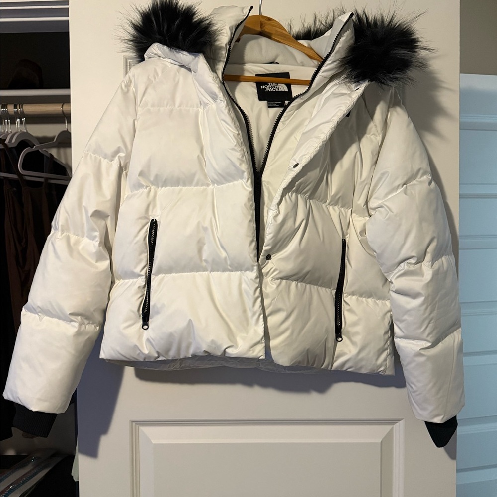 The North Face White Puffer Jacket with Black Accents